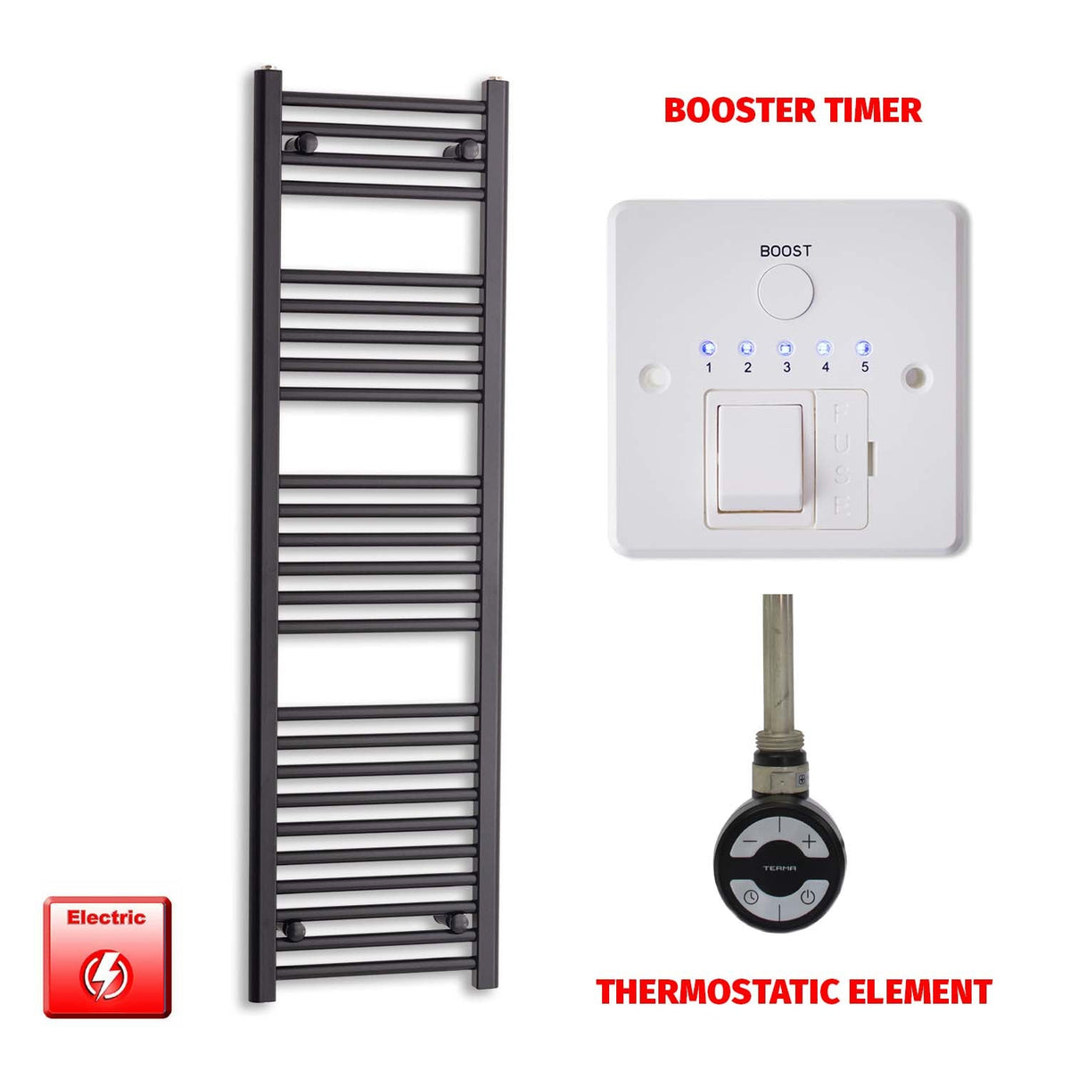 1400 x 450 Flat Black Pre-Filled Electric Heated Towel Radiator HTR MOA Thermostatic Booster Timer