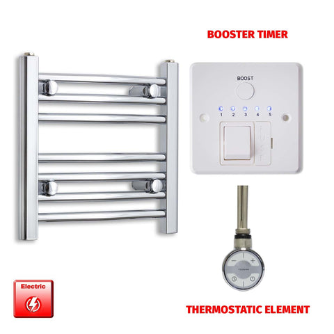 400 x 450 Pre-Filled Electric Heated Towel Radiator Straight Chrome MOA Thermostatic element Booster timer