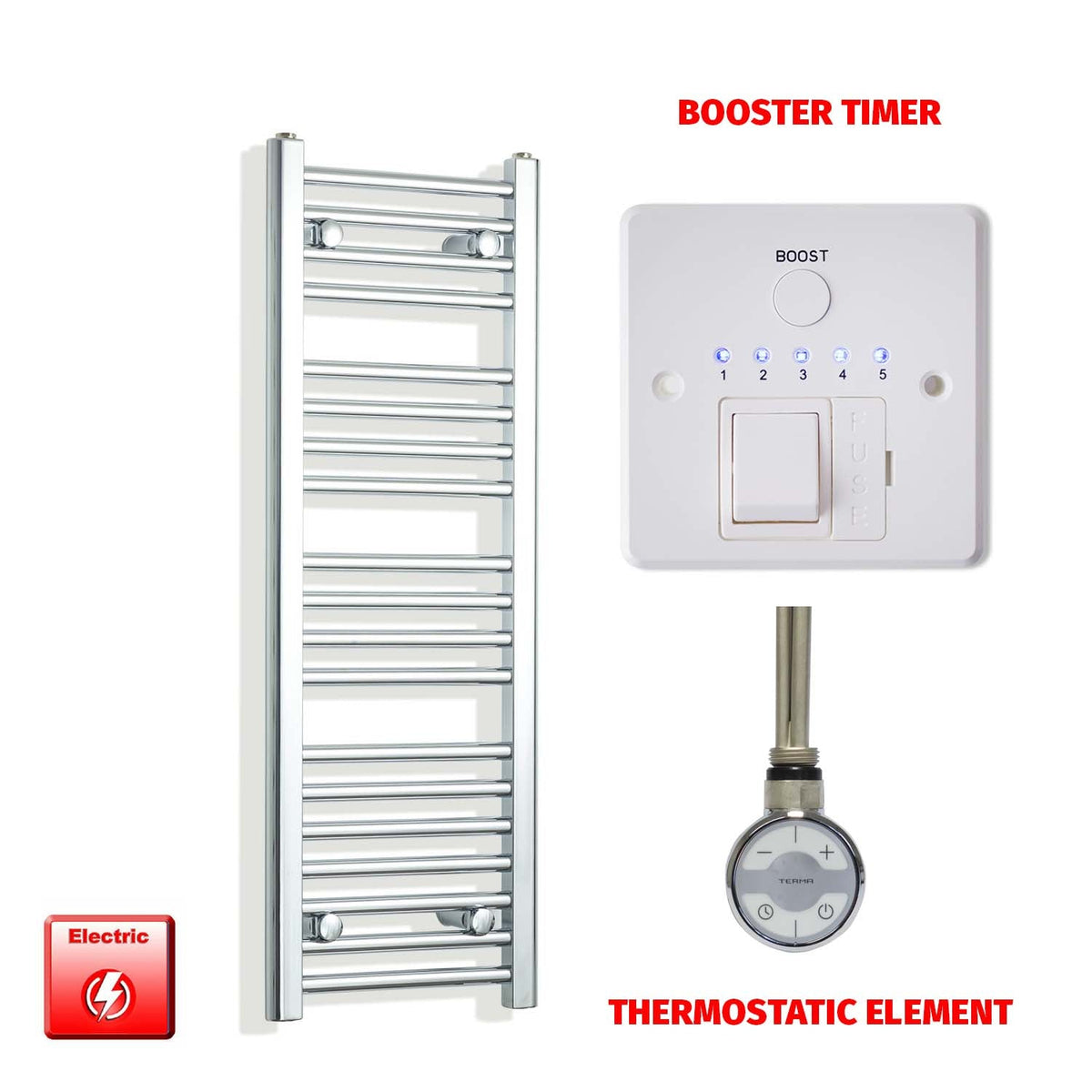 1000mm High 350mm Wide Pre-Filled Electric Heated Towel Rail Radiator Straight Chrome MOA Thermostatic element Booster timer
