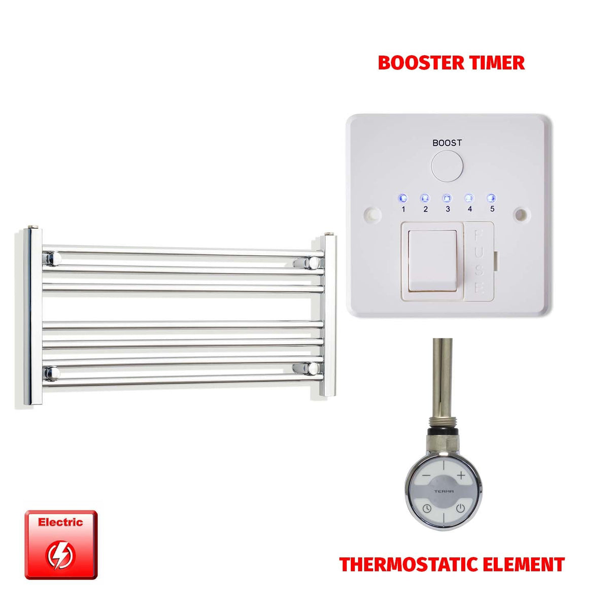 400 x 800 Pre-Filled Electric Heated Towel Radiator Straight Chrome MOA Thermostatic element Booster timer