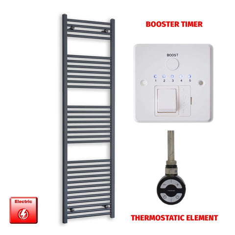 1800mm High 500mm Wide Flat Anthracite Pre-Filled Electric Heated Towel Radiator MOA Thermostatic element Booster timer