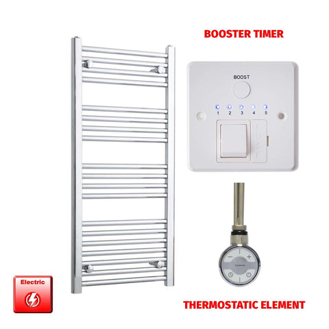 1000mm High 450mm Wide Pre-Filled Electric Heated Towel Radiator Straight Chrome MOA Thermostatic element Booster timer