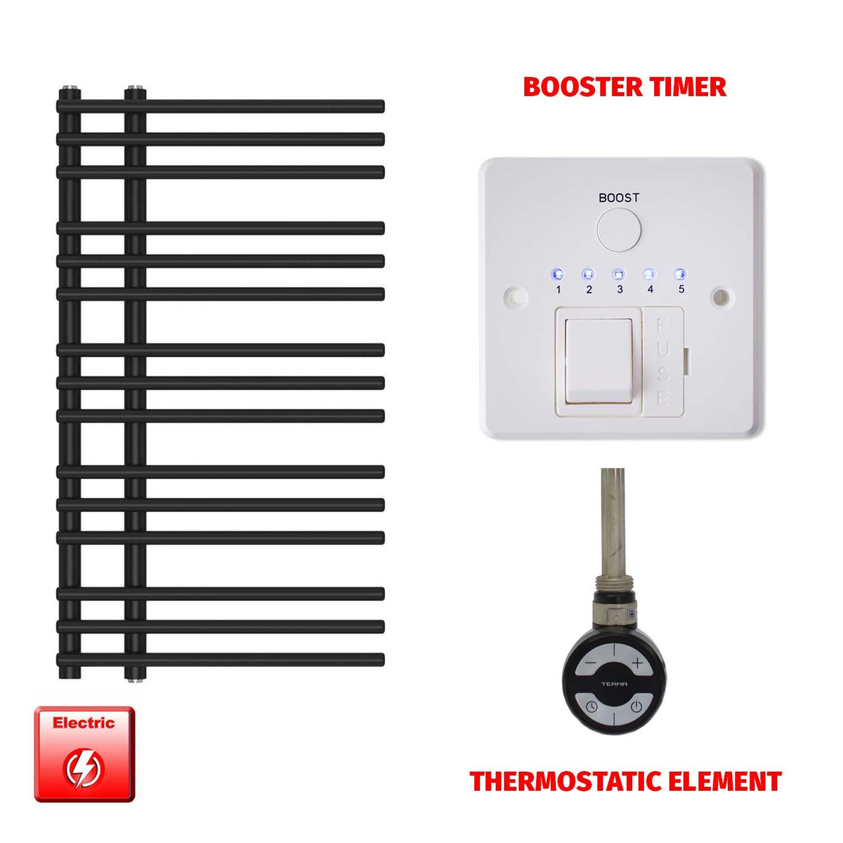 900 mm High x 500 mm Wide Difta Pre-Filled Electric Heated Towel Radiator Flat Black booster timer thermostatic element