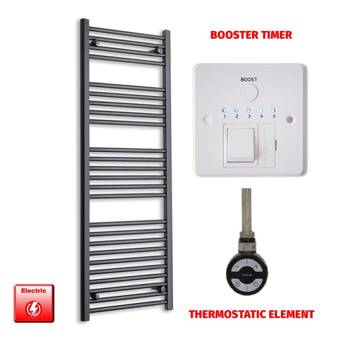 1400 x 500 Flat Black Pre-Filled Electric Heated Towel Radiator HTR MOA Thermostatic Booster Timer