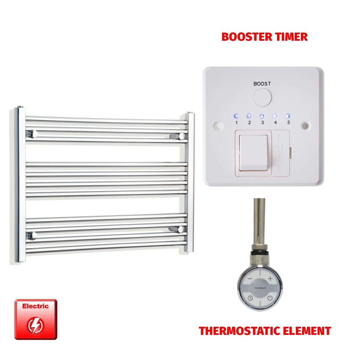 600mm High 800mm Wide Pre-Filled Electric Heated Towel Rail Radiator Straight Chrome MOA Thermostatic element Booster timer