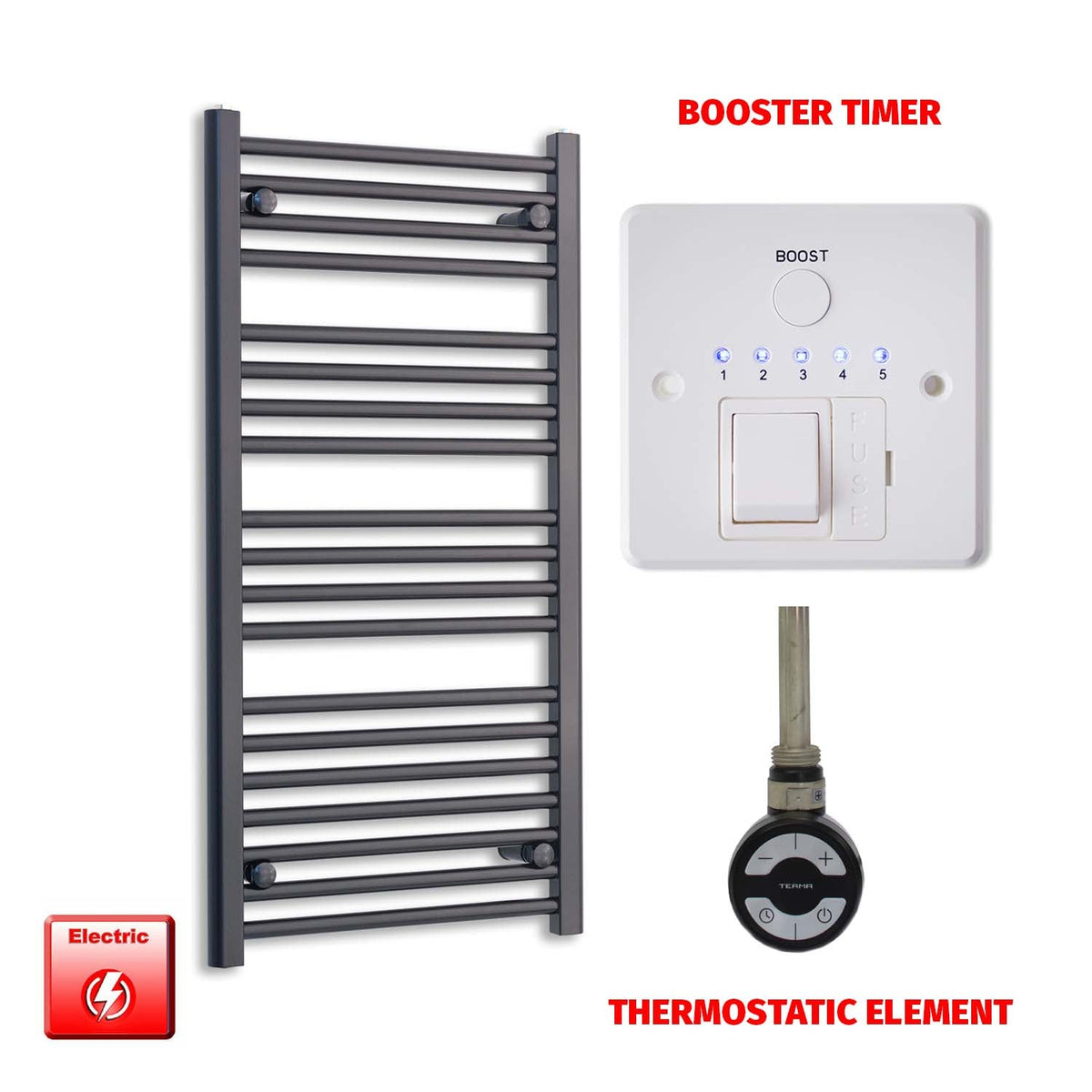 1000 x 550mm Wide Flat Black Pre-Filled Electric Heated Towel Radiator HTR MOA Thermostatic Booster Timer
