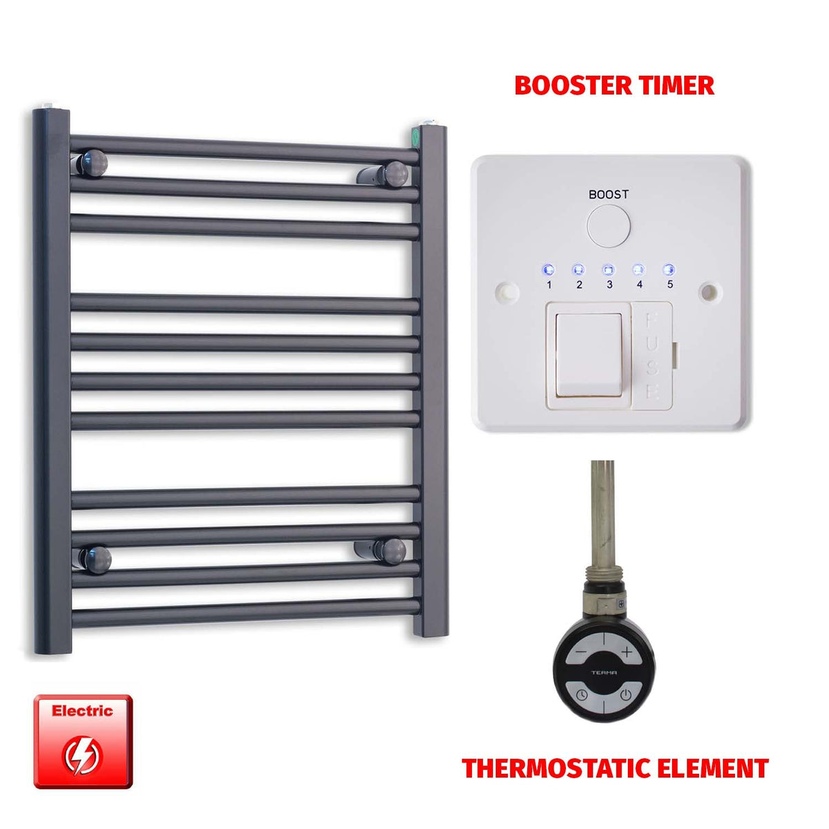 1600mm High 600mm Wide Flat Black Pre-Filled Electric Heated Towel Radiator HTR MOA Thermostatic Booster Timer