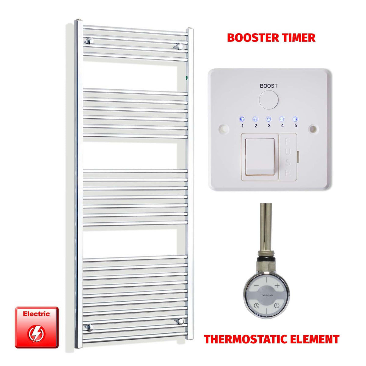 1600mm High 550mm Wide Electric Heated Towel Radiator Straight Chrome MOA Thermostatic element Booster timer