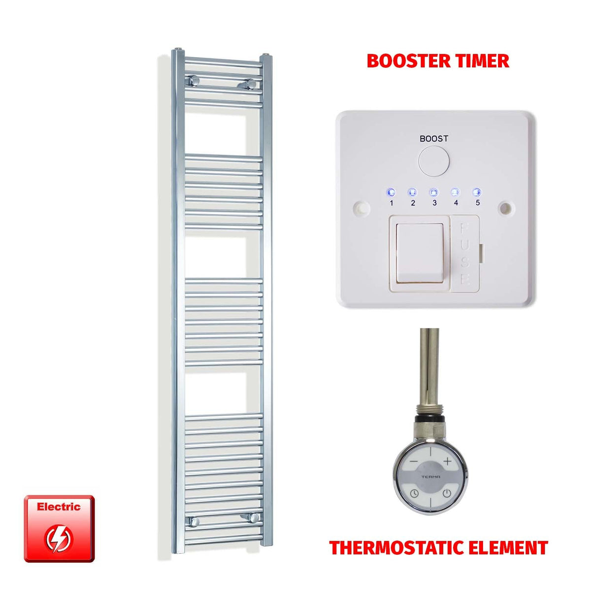 1600mm High 300mm Wide Pre-Filled Electric Heated Towel Radiator Straight Chrome MOA Element Booster Timer