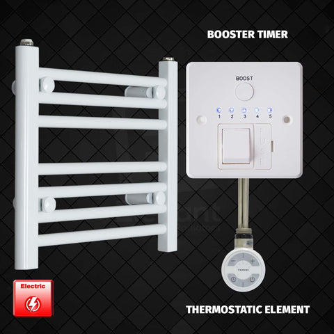 400 x 400 Pre-Filled Electric Heated Towel Radiator White HTR Thermostatic Element With Booster Timer