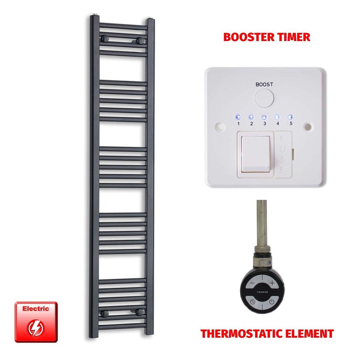 1400 x 300 Flat Black Pre-Filled Electric Heated Towel Radiator HTR MOA Thermostatic Booster Timer