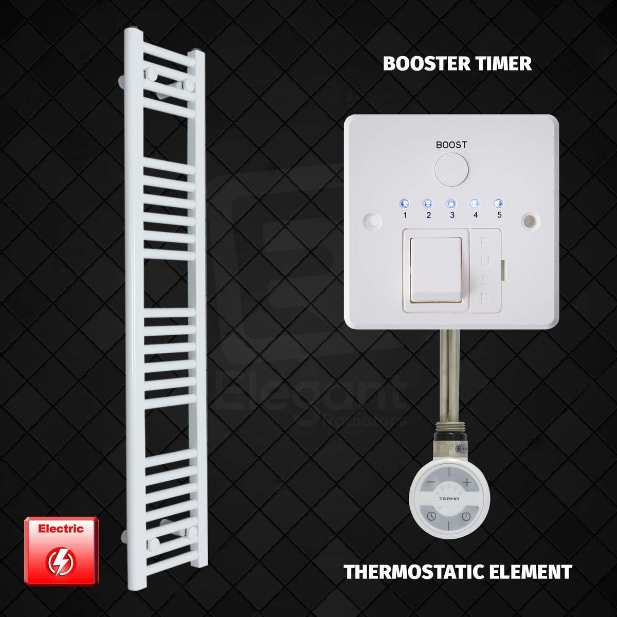 1200 mm High 200 mm Wide Pre-Filled Electric Heated Towel Rail Radiator White HTR MOA Thermostatic Element Booster Timer