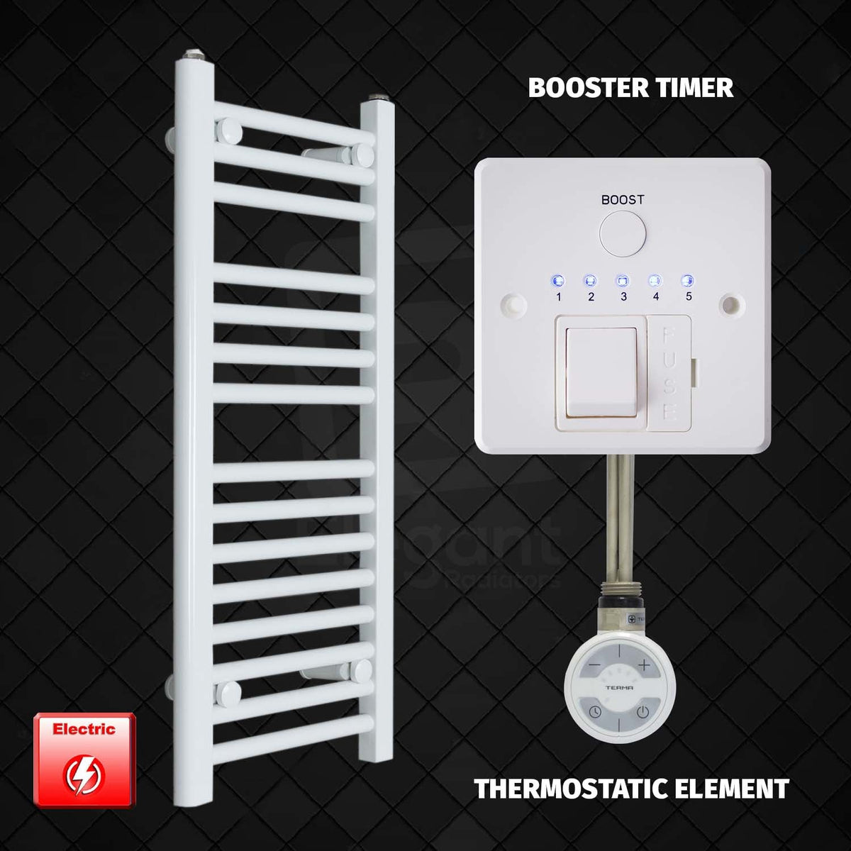 800 x 350 Pre-Filled Electric Heated Towel Radiator White HTR MOA Booster Timer