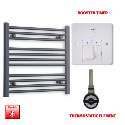 600mm High 500mm Wide Flat Anthracite Pre-Filled Electric Heated Towel Rail Radiator HTR MEG Thermostatic element Booster timer