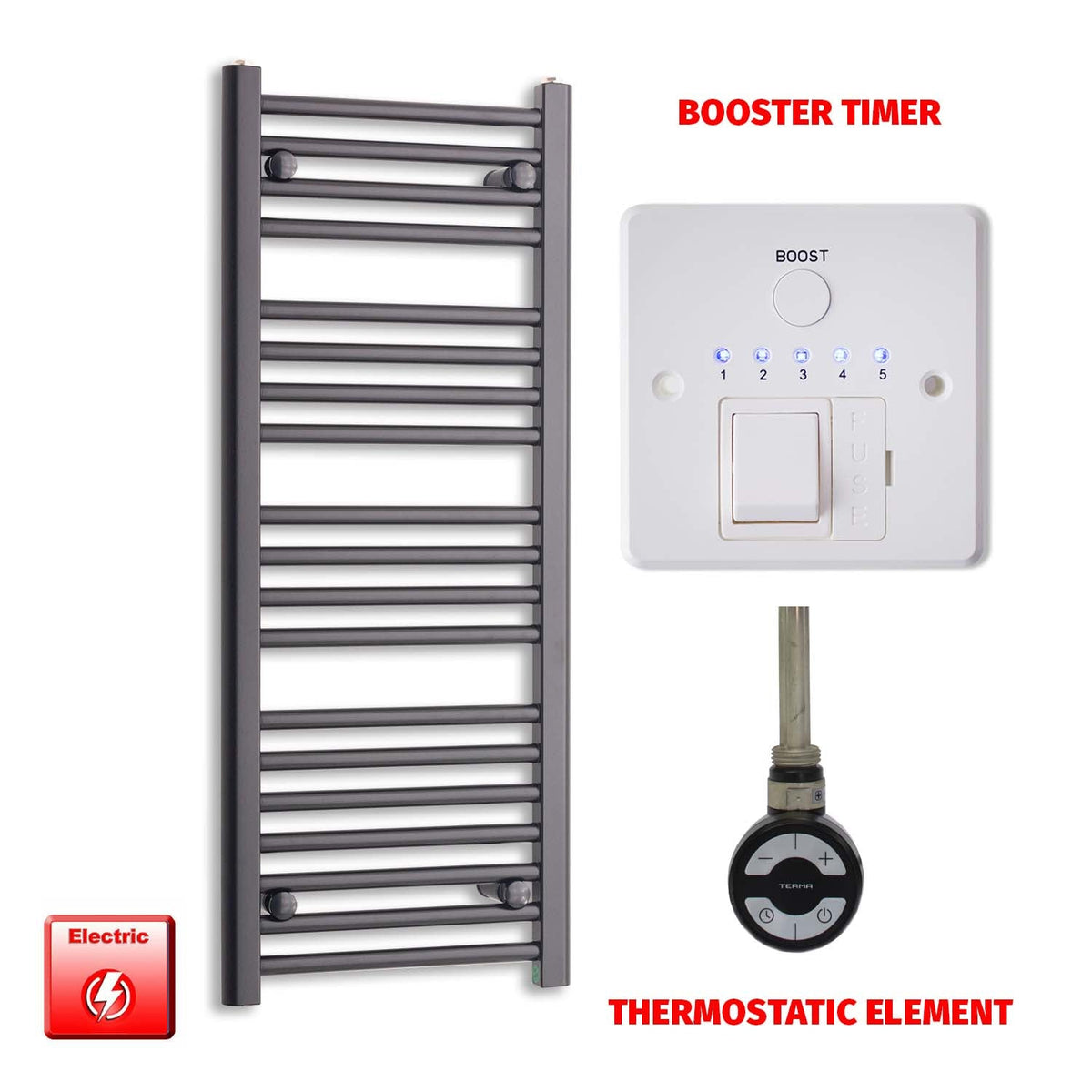 1000mm High 450mm Wide High Flat Black Pre-Filled Electric Heated Towel Radiator HTR MOA Thermostatic Booster Timer