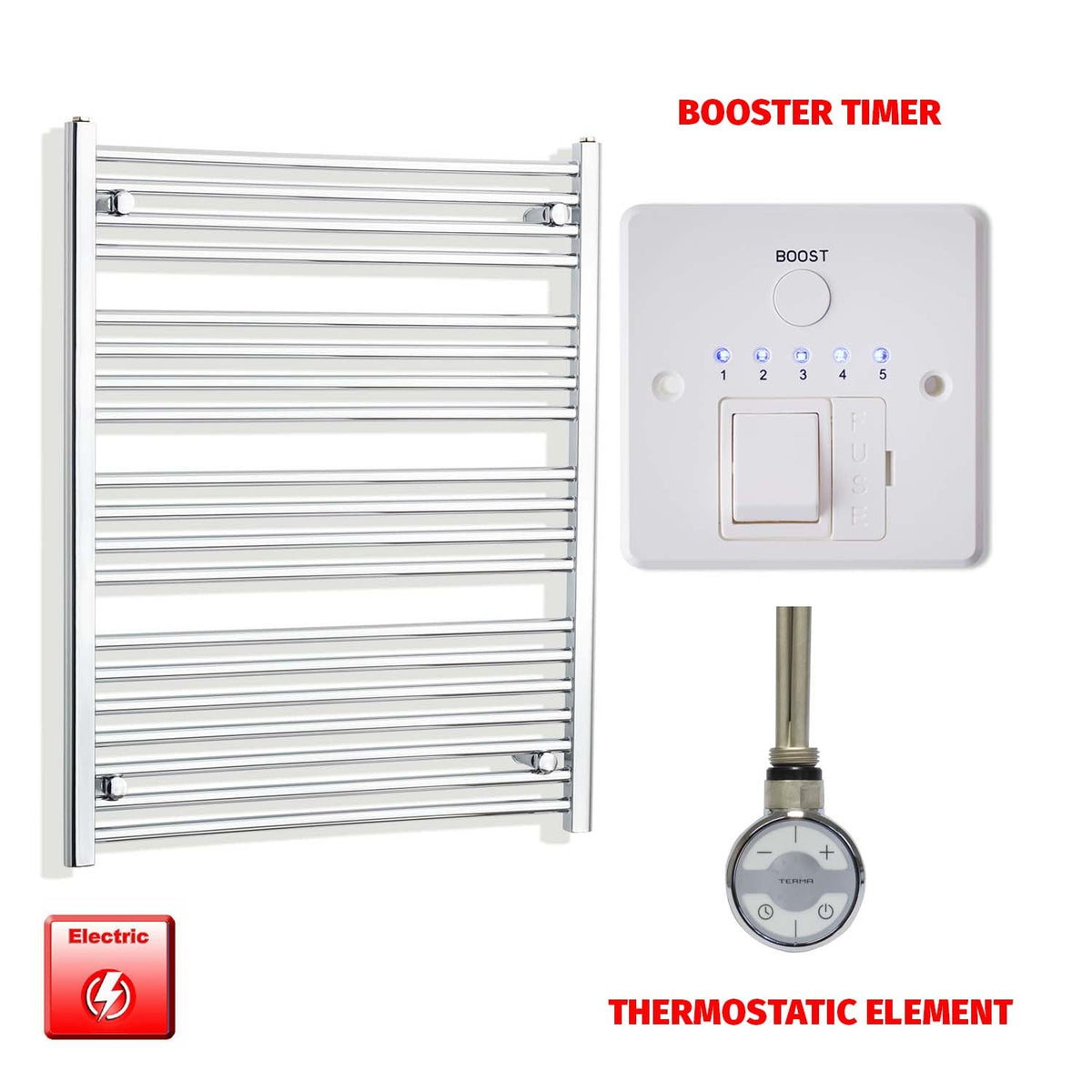 1000 x 800 Pre-Filled Electric Heated Towel Radiator Straight Chrome MOA Thermostatic element Booster timer