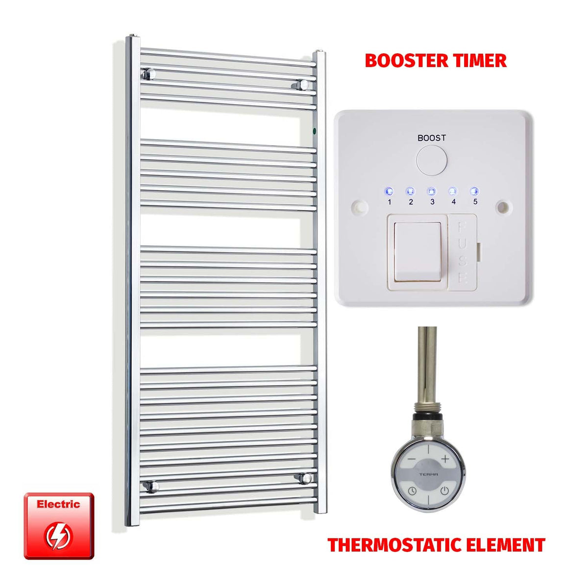 1400mm High 550mm Wide Pre-Filled Electric Heated Towel Radiator Straight Chrome MOA Thermostatic element Booster timer