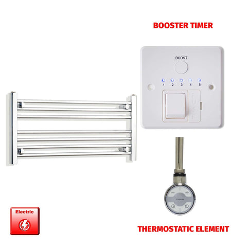 400 x 900 Pre-Filled Electric Heated Towel Radiator Straight Chrome MOA Thermosatic element Booster timer