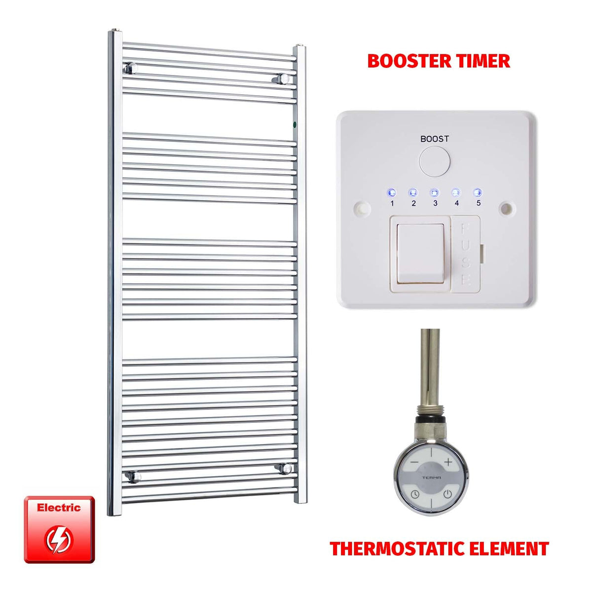 1400 x 600 Flat Chrome Pre-Filled Electric Heated Towel Rail booster timer