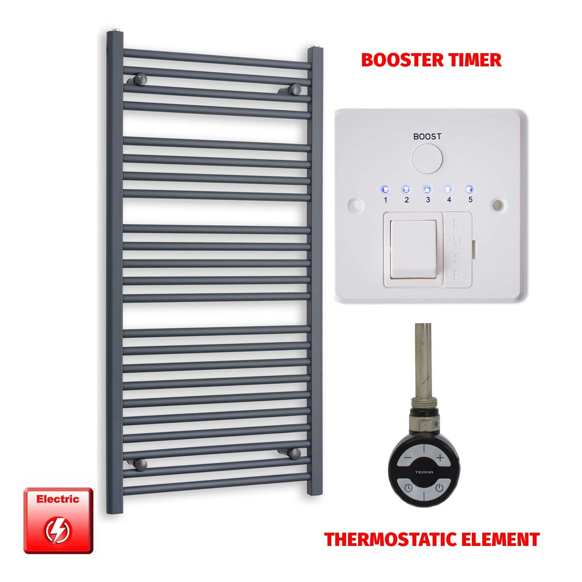 1200mm High 600mm Wide Flat Anthracite Pre-Filled Electric Heated Towel Rail Radiator HTR MOA Thermostatic element Booster timer