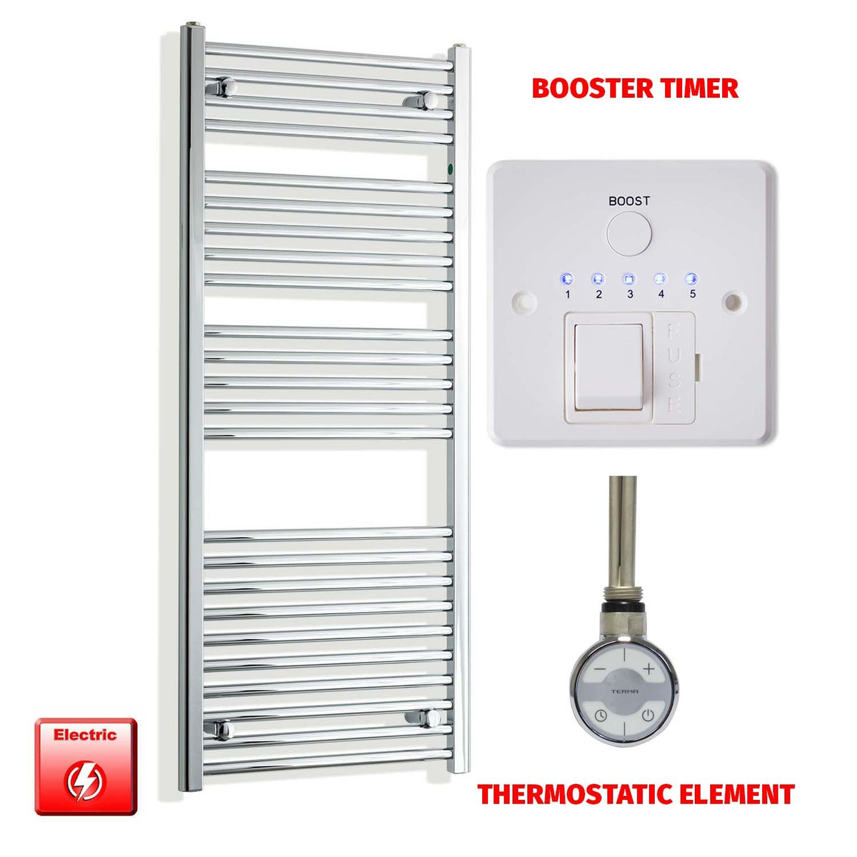 1300mm High 550mm Wide Pre-Filled Electric Heated Towel Radiator Chrome HTR MOA Element Booster Timer