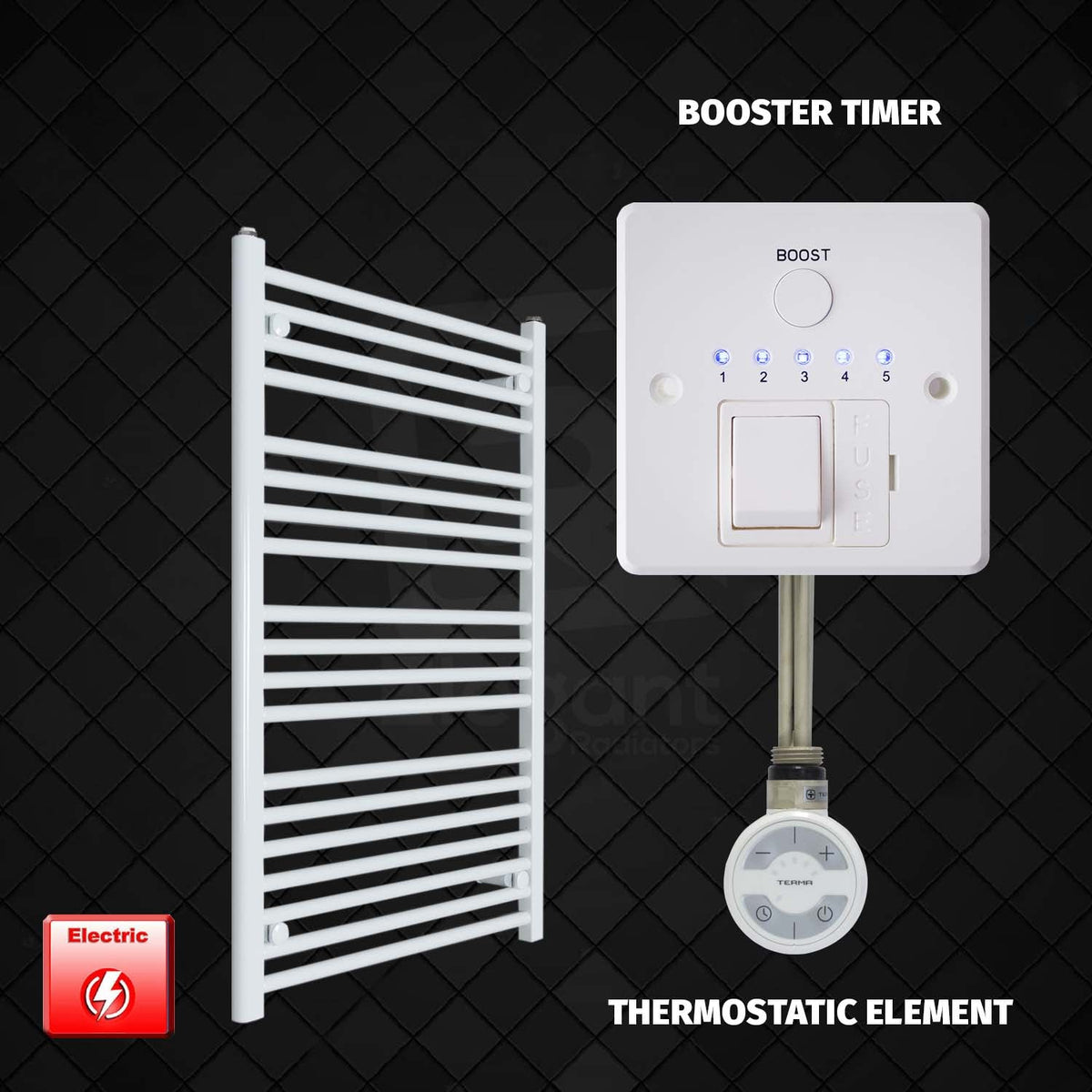 1000 x 700 Pre-Filled Electric Heated Towel Radiator White HTR MOA element Booster timer