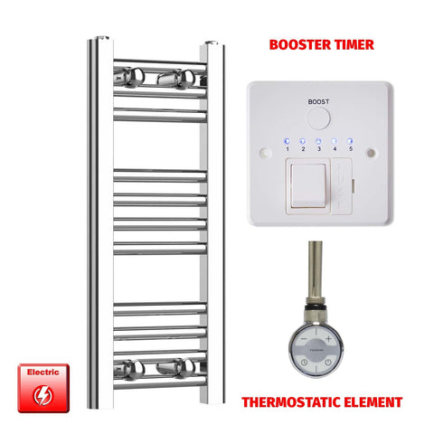 600mm High 200mm Wide Pre-Filled Electric Heated Towel Rail Radiator Straight Chrome MOA Booster Timer Thermostatic Element