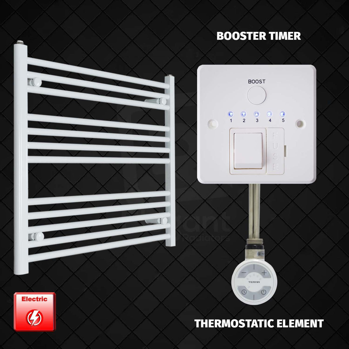 700 mm High x 900 mm Wide Pre-Filled Electric Towel Rail White HTR MOA Thermostatic element Booster timer