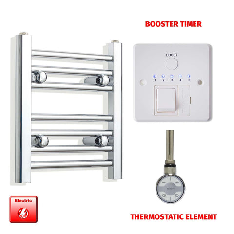 400mm High 350mm Wid Pre-Filled Electric Heated Towel Rail Radiator Straight Chrome MOA Thermostatic element Booster timer
