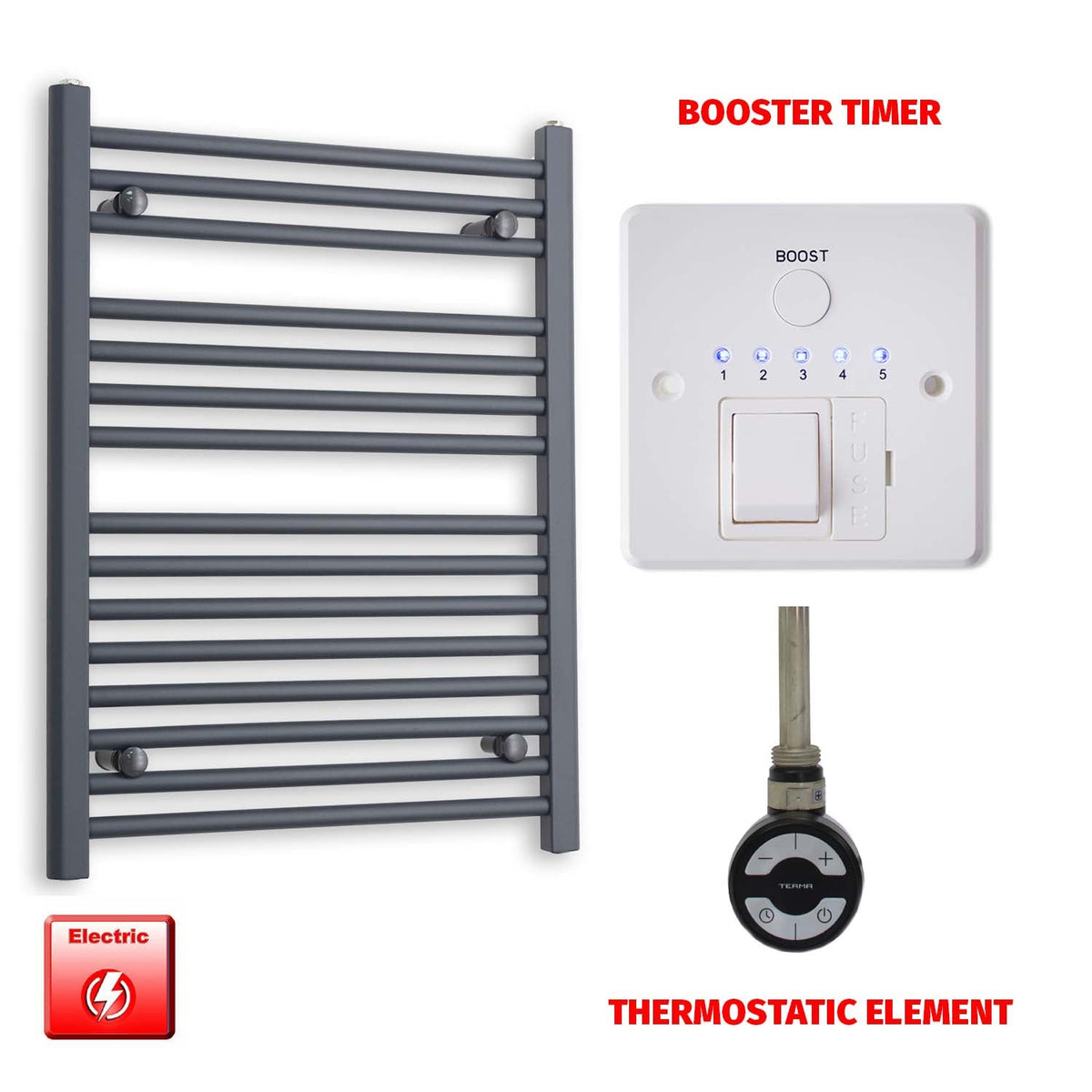 800mm High 600mm Wide Flat Anthracite Pre-Filled Electric Heated Towel Rail Radiator HTR MOA Thermostatic element Booster timer