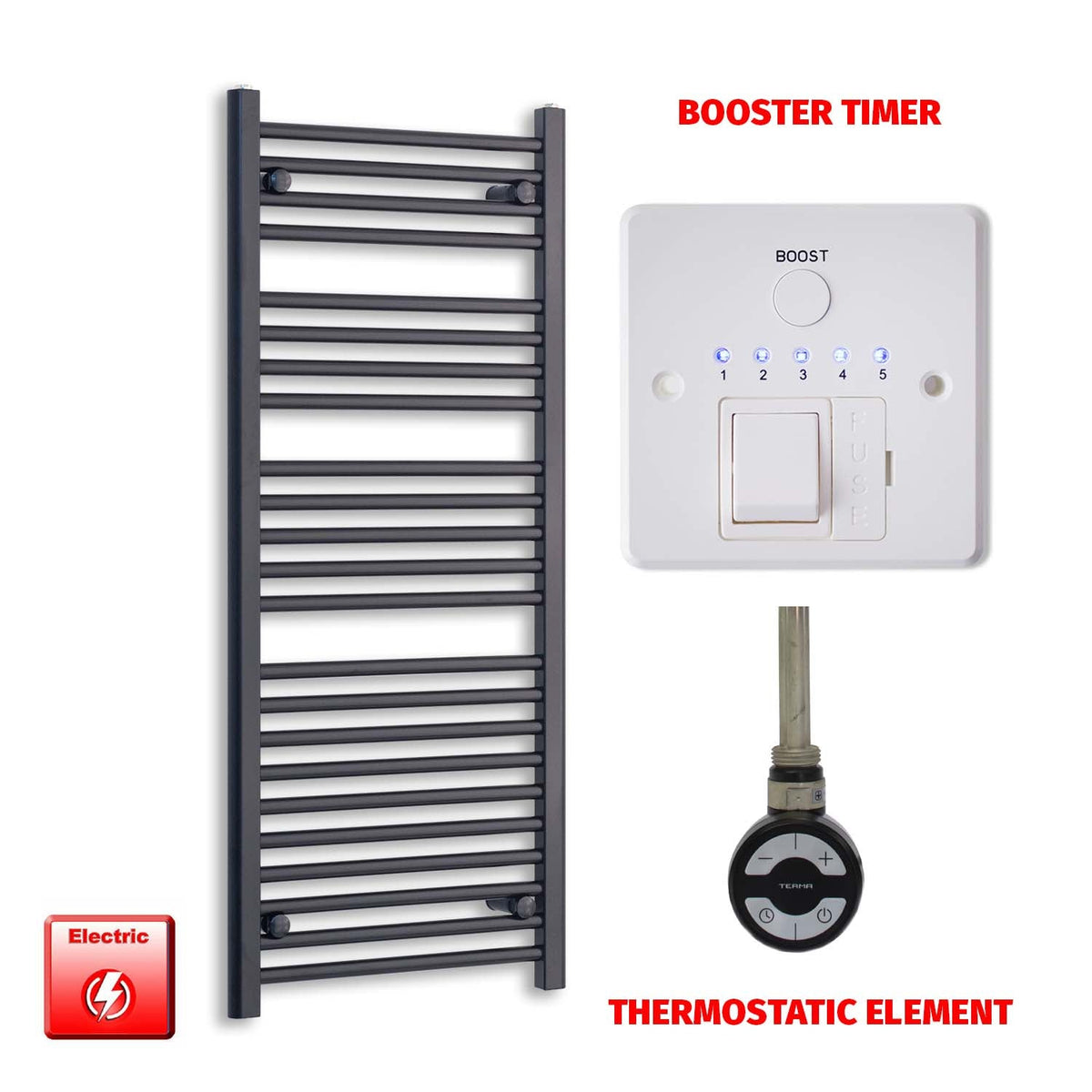 1200 x 550mm Wide Flat Black Pre-Filled Electric Heated Towel Radiator HTR MOA Thermostatic Booster