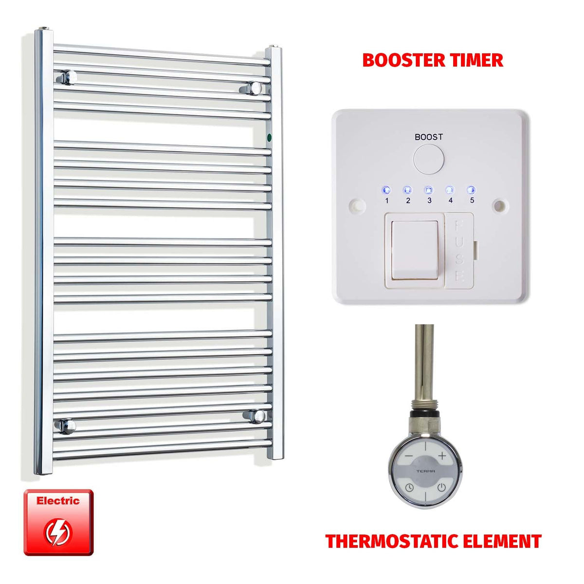 1000mm High 550mm Wide Pre-Filled Electric Heated Towel Radiator Chrome HTR MOA Thermostatic element Booster timer