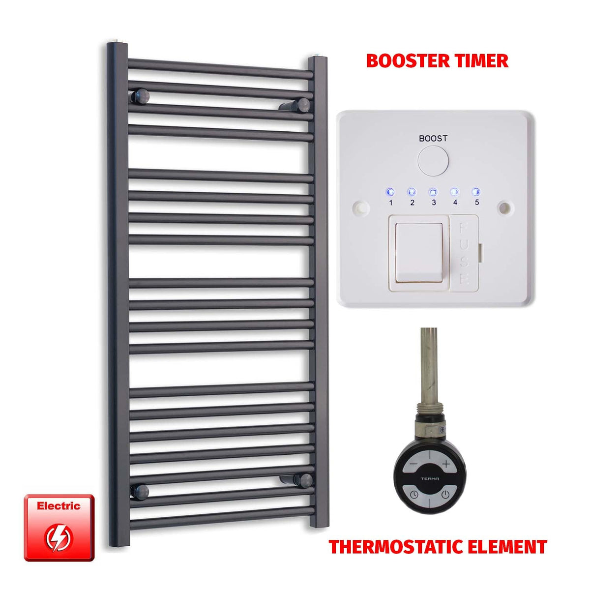 1000mm High 500mm Wide Flat Black Pre-Filled Electric Heated Towel Rail Radiator HTR MOA Thermostatic Booster Timer