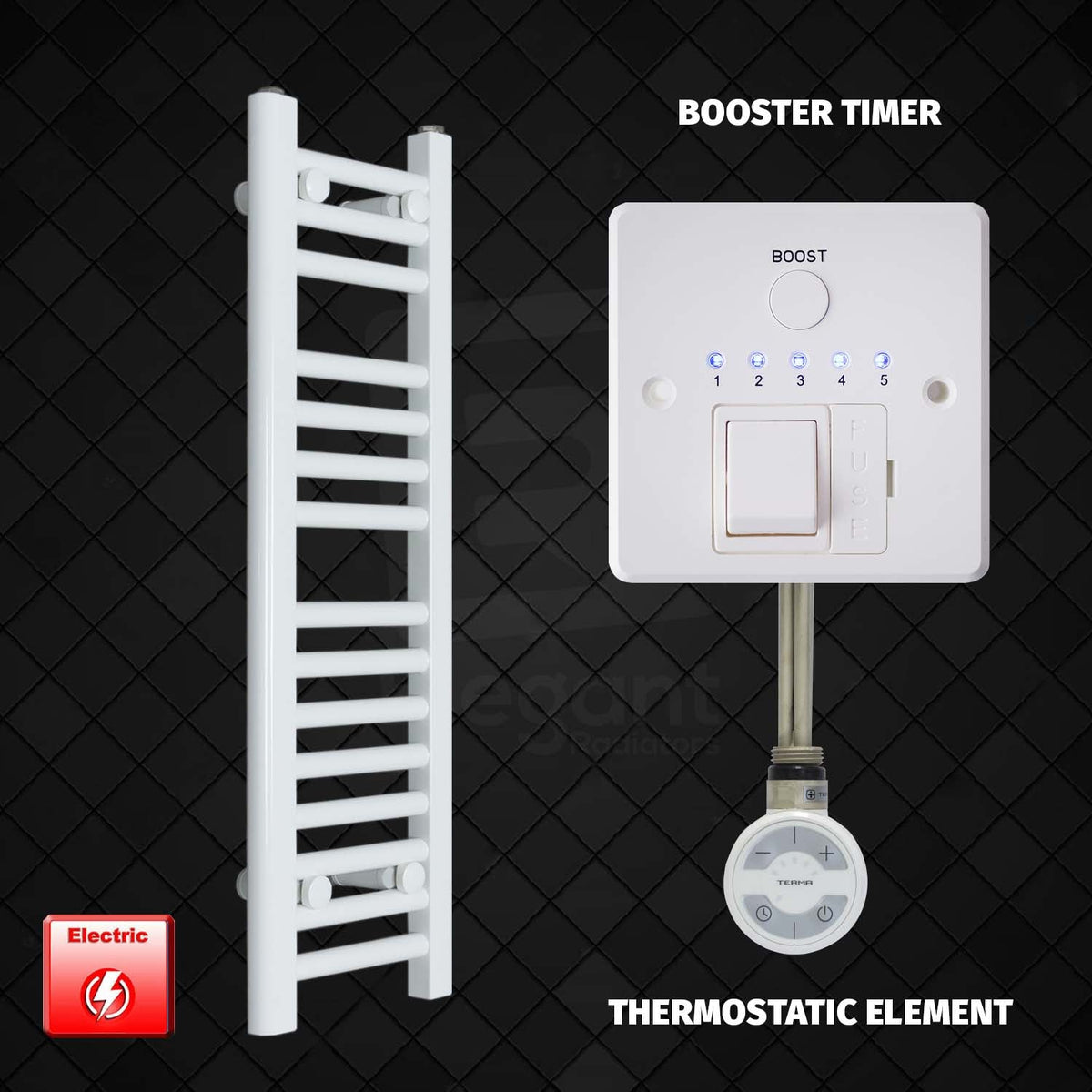 800 mm High 250 mm Wide Pre-Filled Electric Heated Towel Rail Radiator White Booster Timer Thermostatic Element