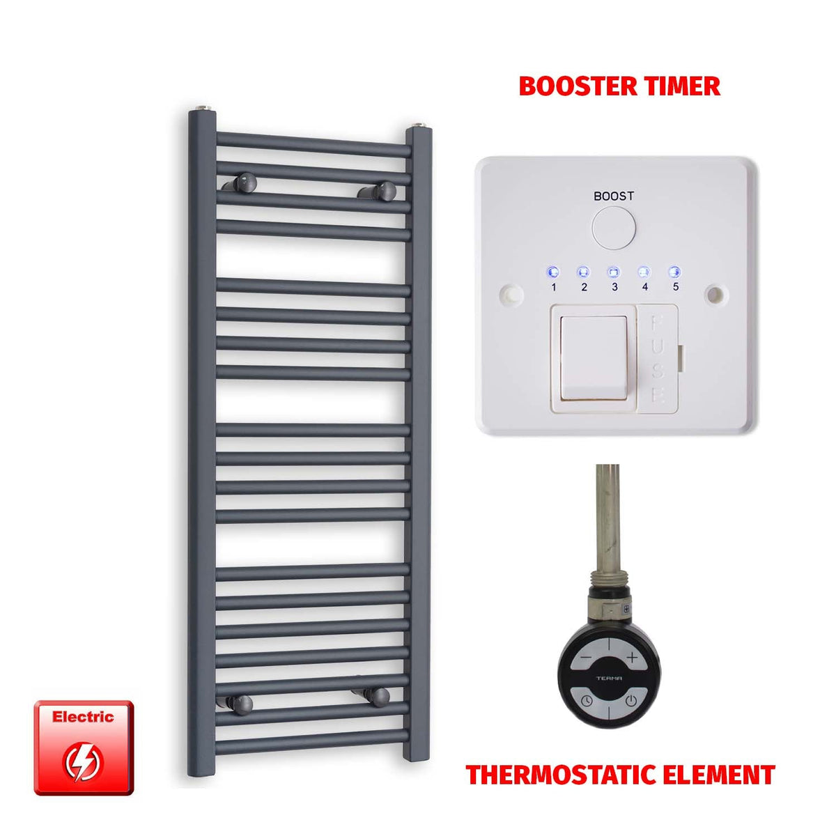 1000 x 400 Flat Anthracite Pre-Filled Electric Heated Towel Radiator HTR MOA Thermostatic element Booster timer