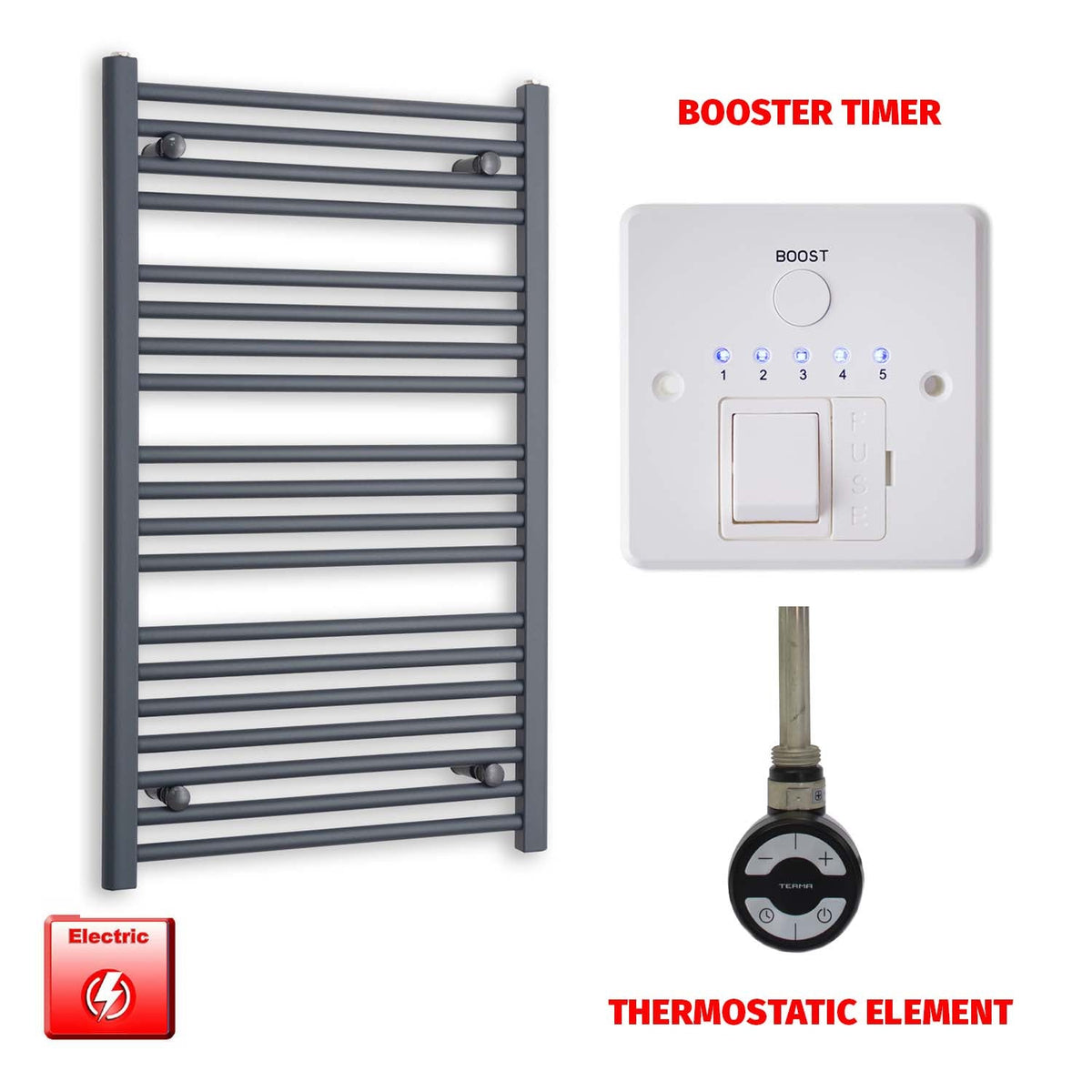1000mm High 600mm Wide Flat Anthracite Pre-Filled Electric Heated Towel Rail Radiator HTR MOA Thermostatic element Booster timer