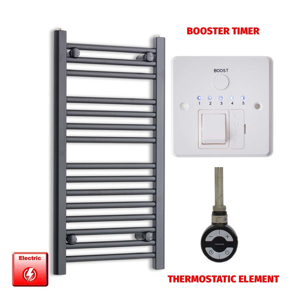 800mm High 400mm Wide Flat Black Pre-Filled Electric Heated Towel Radiator HTR MOA Booster Timer