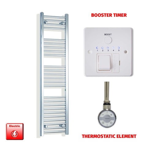 1400mm High 300mm Wide Pre-Filled Electric Heated Towel Rail Radiator Straight Chrome MOA Element Booster Timer