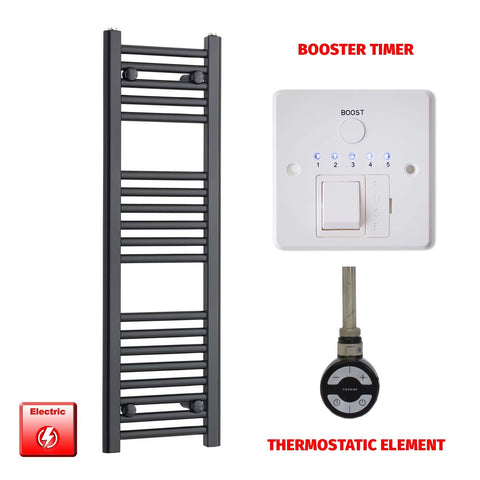 1000mm High 300mm Wide Flat Black Pre-Filled Electric Heated Towel Rail Radiator MOA Thermostatic Booster Timer