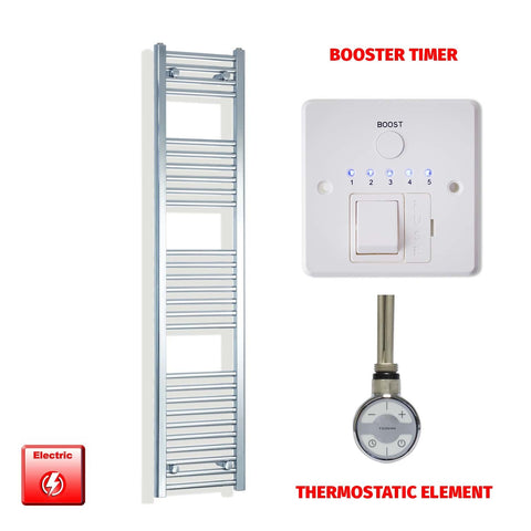 1600 x 350 Pre-Filled Electric Heated Towel Radiator Straight Chrome MOA Thermostatic element Booster timer