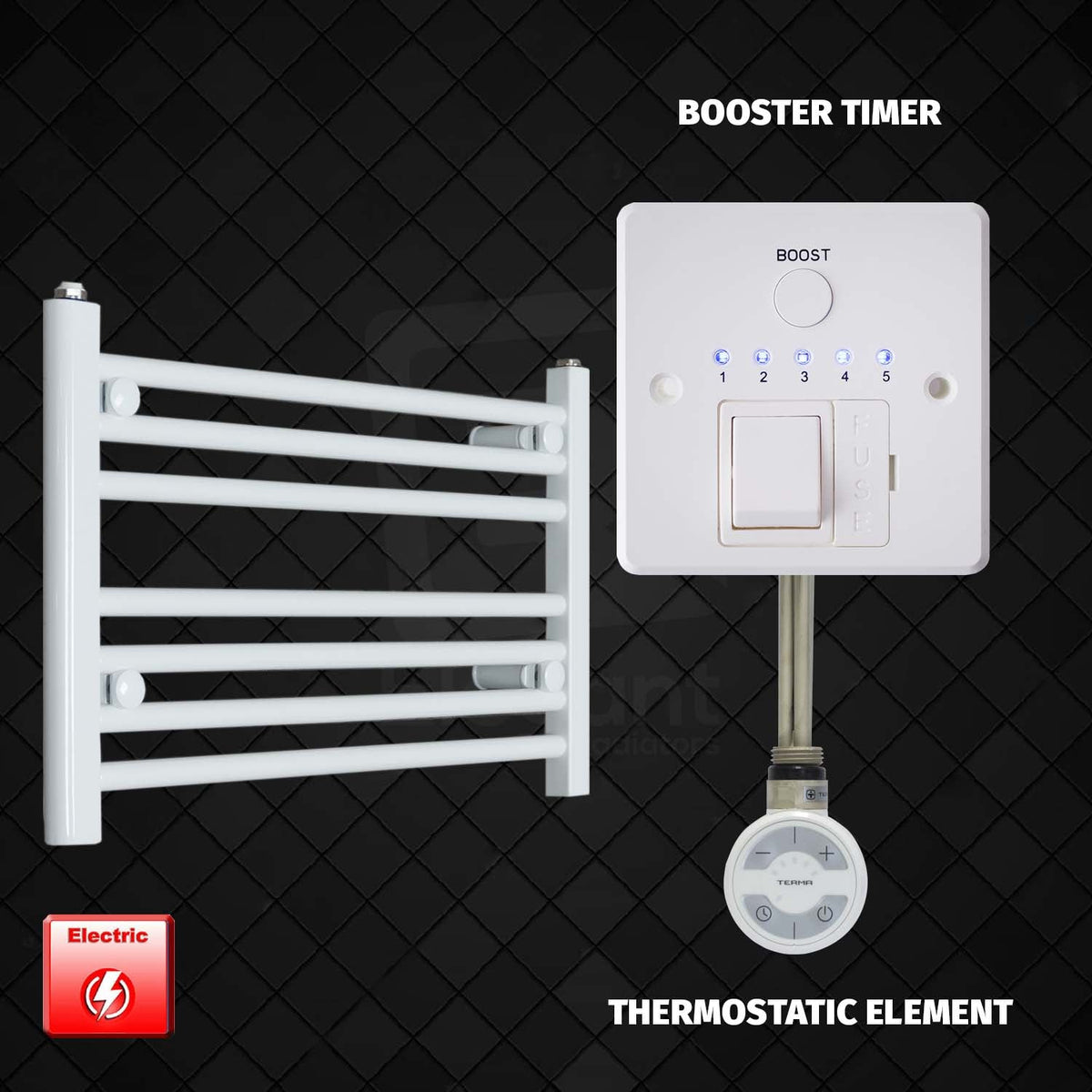 400 x 600 Pre-Filled Electric Heated Towel Radiator White HTR MOA Thermostatic Element Booster Timer