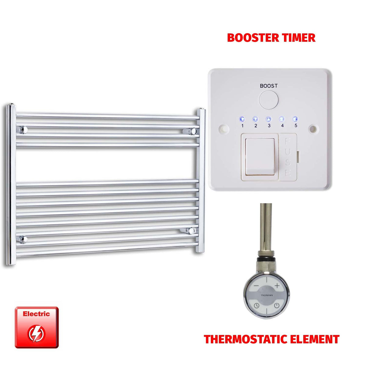 700 x 1200 Pre-Filled Electric Heated Towel Radiator Straight Chrome MOA Thermostatic element Booster  timer