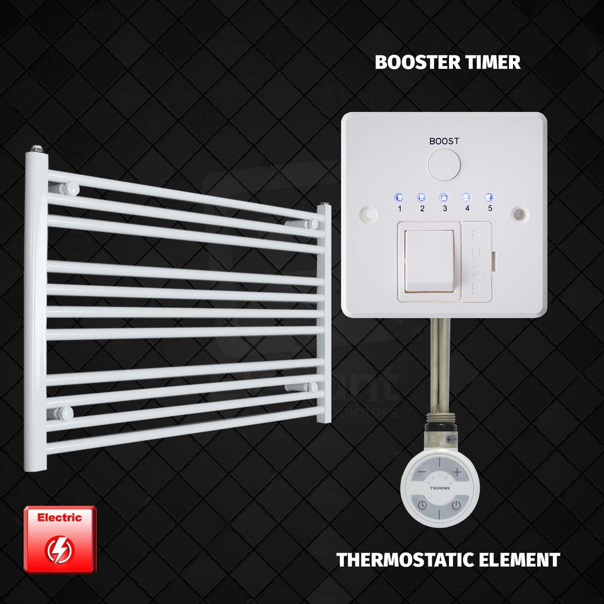 600 x 1200 Pre-Filled Electric Heated Towel Radiator White HTR MOA Thermostatic element Booster timer