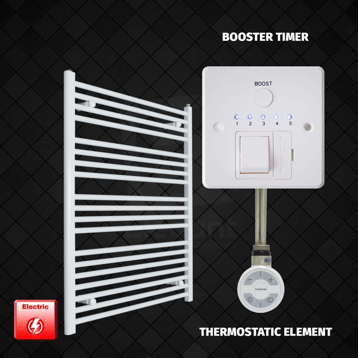 1000 x 750 Pre-Filled Electric Heated Towel Radiator White HTR MOA Thermostatic element Booster timer