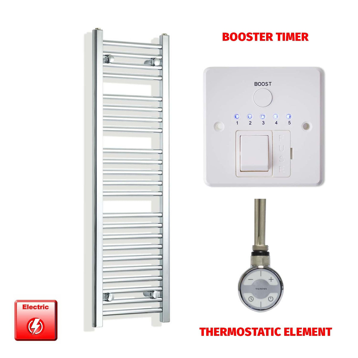 1200mm High 300mm Wide Pre-Filled Electric Heated Towel Rail Radiator Straight Chrome MOA Booster Timer