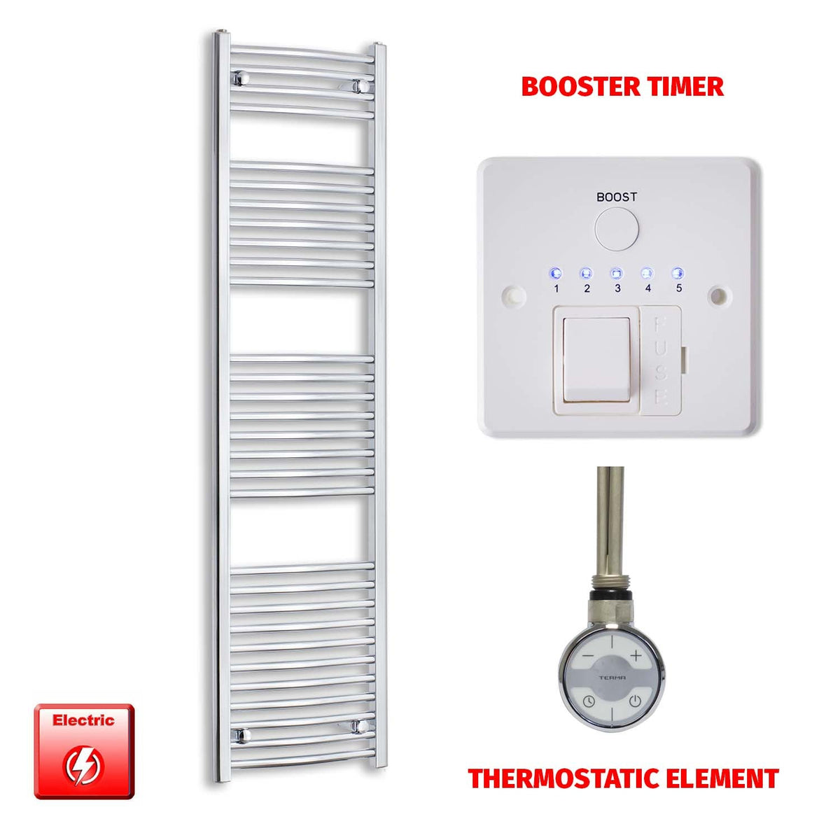 1700 x 450 Pre-Filled Electric Heated Towel Radiator Straight or Curved Chrome MOA Thermostatic element Booster timer