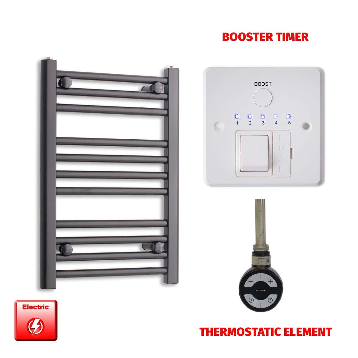 600 x 400 Flat Black Pre-Filled Electric Heated Towel Radiator HTR MOA Thermostatic Booster Timer