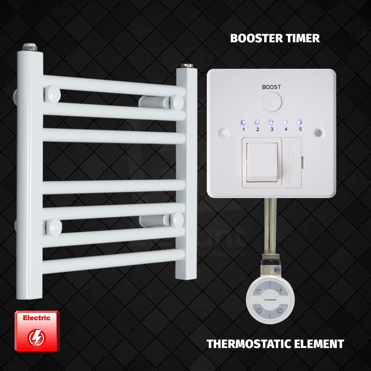 400 mm High 500 mm Wide Pre-Filled Electric Heated Towel Rail Radiator White HTR MOA Booster Timer Thermostatic Element