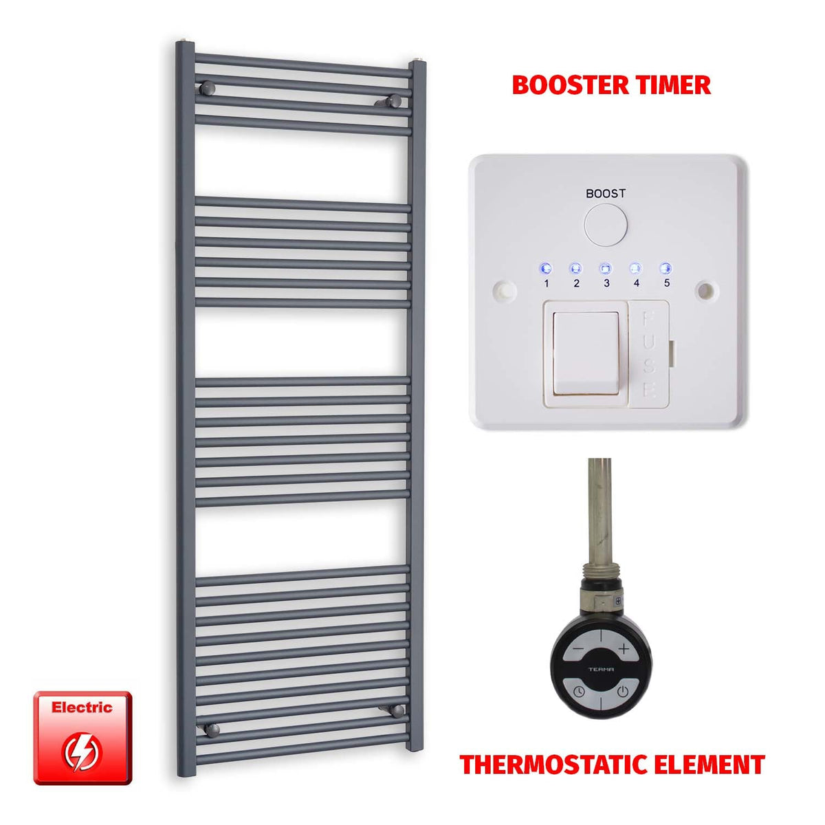 1600mm High 600mm Wide Flat Anthracite Pre-Filled Electric Heated Towel Rail Radiator HTR MOA Thermostatic element Booster  timer