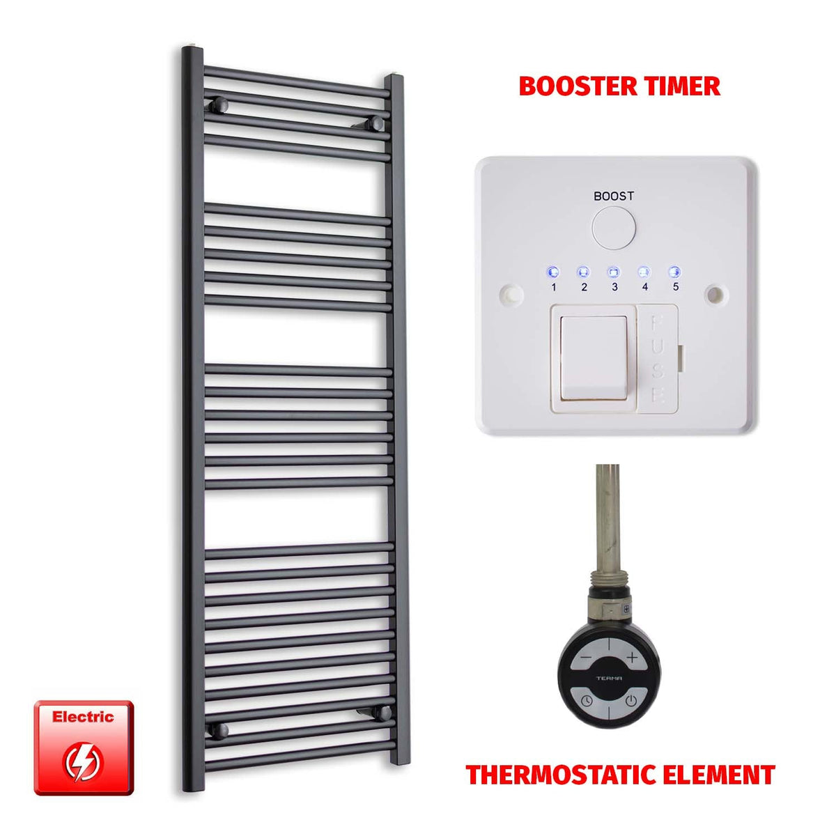 1400mm High 600mm Wide Flat Black Pre-Filled Electric Heated Towel Rail Radiator HTR MOA Thermostatic Booster Timer